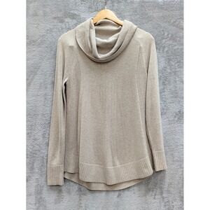 Minimalist Cowl Neck Sweater Women Small Beige Ribbed Trim High Low
